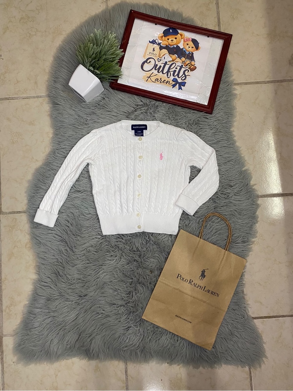 Ralph Lauren White Cable-Knit Cotton Cardigan with Pink Pony